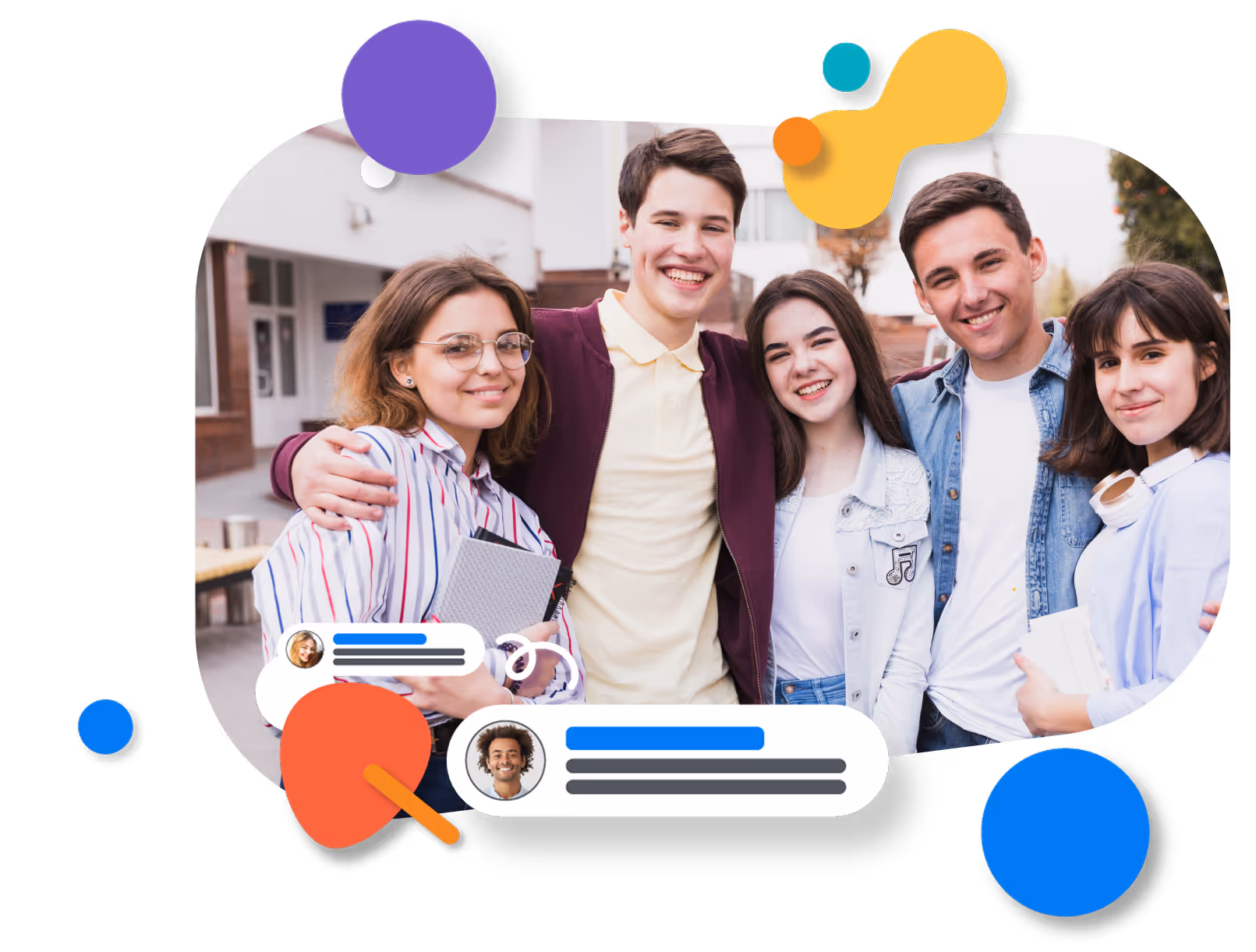 Group of five smiling young adults standing close together outdoors, embracing each other.